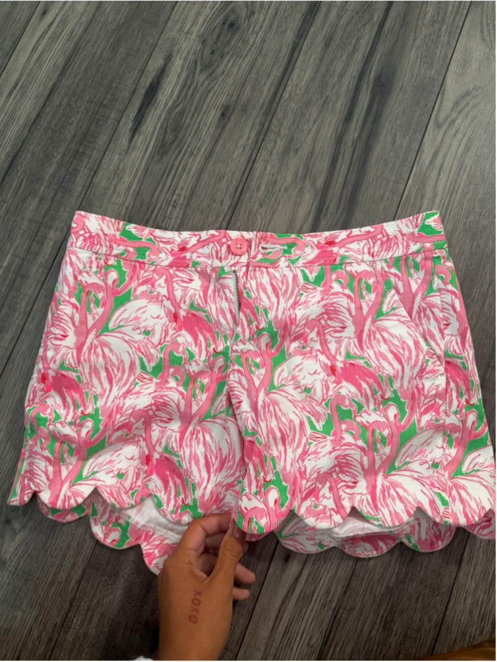 Women's Lilly Pulitzer Scalloped Flamingo Shorts Size 00 Pink Green
